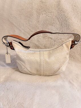 Vintage Coach White Signature Soho Mini Hobo Bag with Brown Leather Strap